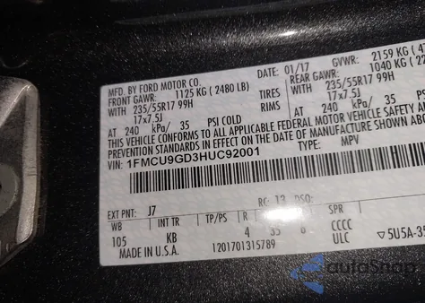 2017 Ford Escape Se from USA, damaged, VIN 1FMCU9GD3HUC92001